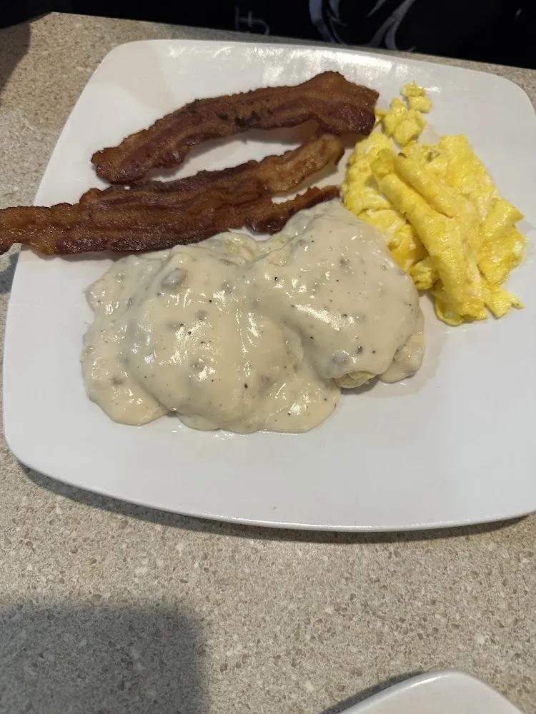Biscuits and Gravy with Bacon and Eggs